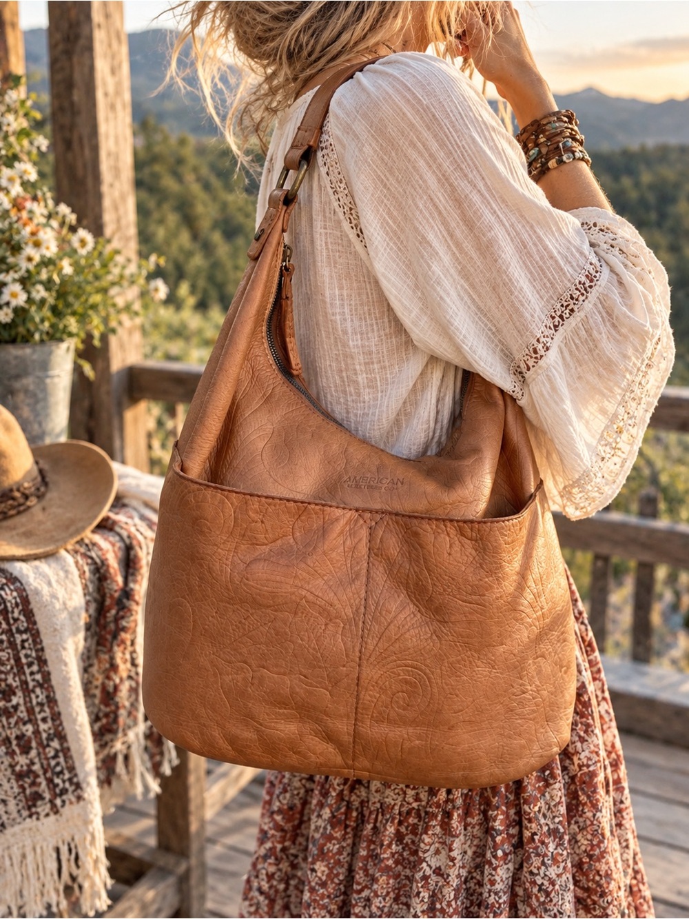 American Leather Co. Embossed Leather Hobo Shoulder Bag β Cognac